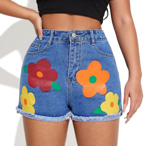Short en jean taille haute à imprimé floral ourlet effiloché - SHEIN - Modalova