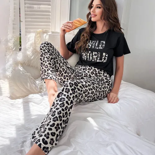 À lettres T-shirt & léopard Pantalon Ensemble de pyjama - SHEIN - Modalova