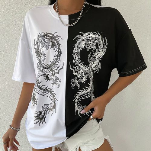 T-shirt bicolore à imprimé dragon chinois - SHEIN - Modalova