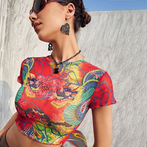 T-shirt court à imprimé dragon chinois à ourlet ondulé - SHEIN - Modalova