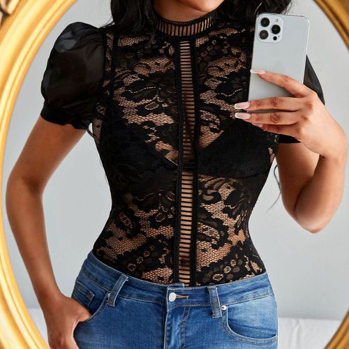 Top manches bouffantes à col montant en dentelle (sans soutien-gorge) - SHEIN - Modalova