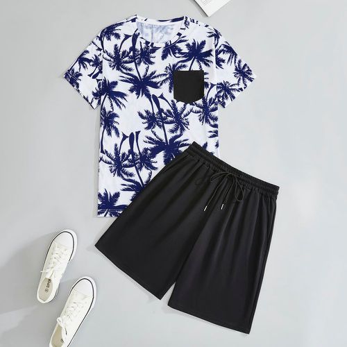 T-shirt à imprimé tropical à poche & Short à cordon - SHEIN - Modalova