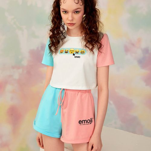T-shirt à blocs de couleurs à imprimé expression et lettre & Short à cordon - SHEIN - Modalova