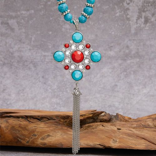 Collier avec pendentif à strass à détail turquoise à franges en métal - SHEIN - Modalova