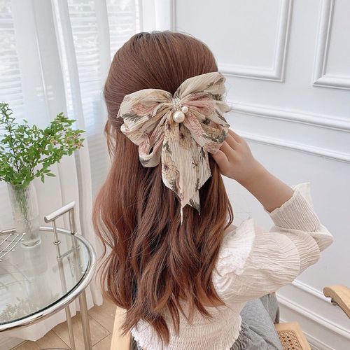 Pince à cheveux française à imprimé floral avec nœud à fausse perle - SHEIN - Modalova