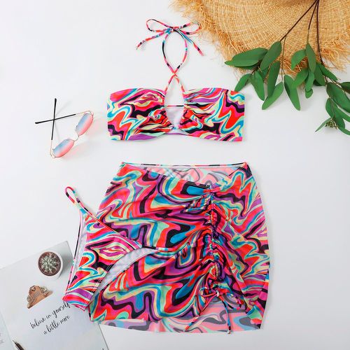 Pièces Bikini aléatoire à imprimé croisé & Jupe de plage à cordon - SHEIN - Modalova