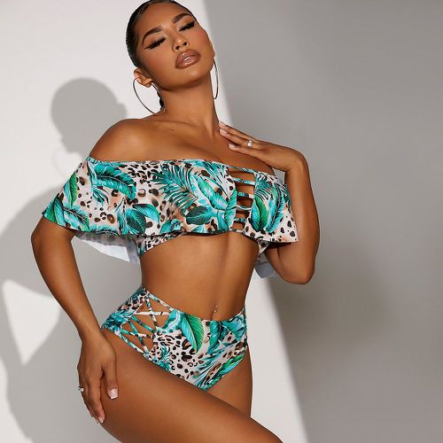 Bikini léopard & à imprimé tropical col bardot taille haute - SHEIN - Modalova