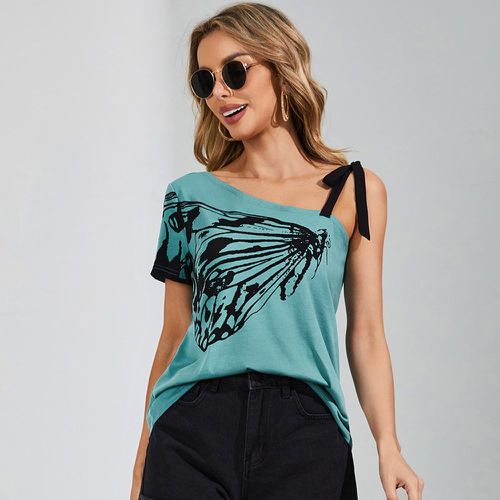 T-shirt à épaule nouée à imprimé papillon - SHEIN - Modalova