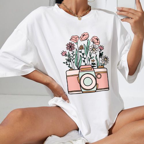 T-shirt oversize à imprimé floral et caméra - SHEIN - Modalova