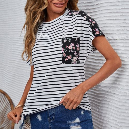 T-shirt à rayures à imprimé floral patch à poche manches chauve-souris - SHEIN - Modalova