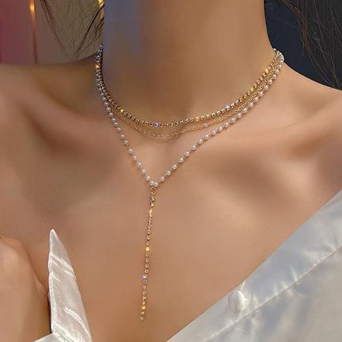 Collier avec pendentif à strass et fausses perles multicouche - SHEIN - Modalova