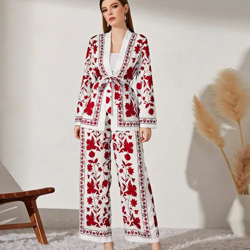 Manteau à imprimé floral ceinturé & Pantalon ample - SHEIN - Modalova