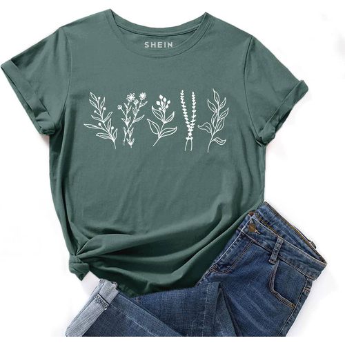 T-shirt à imprimé végétale col rond - SHEIN - Modalova