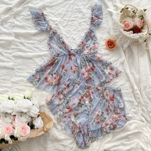 Ensemble de pyjama à imprimé floral à ourlet ondulé - SHEIN - Modalova