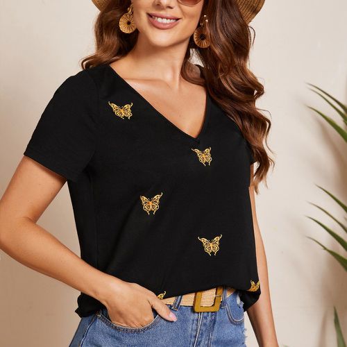 T-shirt à imprimé papillon col en V - SHEIN - Modalova