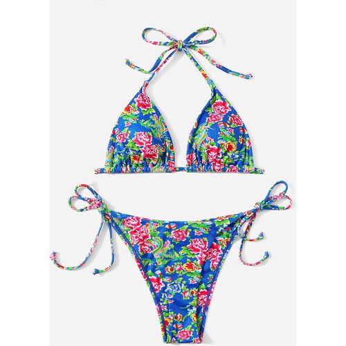 Bikini fleuri côtelé ras-du-cou triangulaire à nœud - SHEIN - Modalova