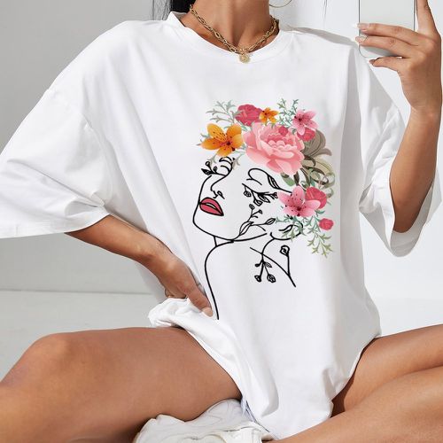 T-shirt oversize à imprimé figure et floral - SHEIN - Modalova