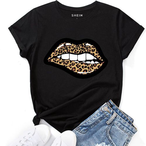 T-shirt à imprimé lèvre léopard - SHEIN - Modalova