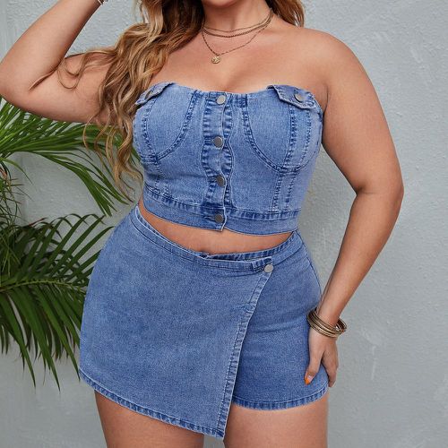 Top en jean à bouton court bustier & Jupe-short - SHEIN - Modalova