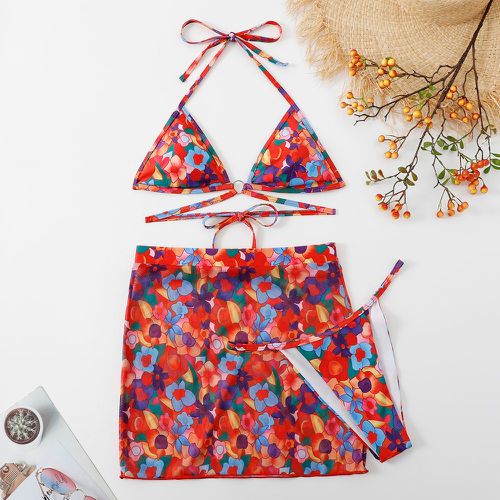 Bikini triangulaire ras-du-cou à imprimé floral aléatoire à anneau O avec jupe de plage - SHEIN - Modalova