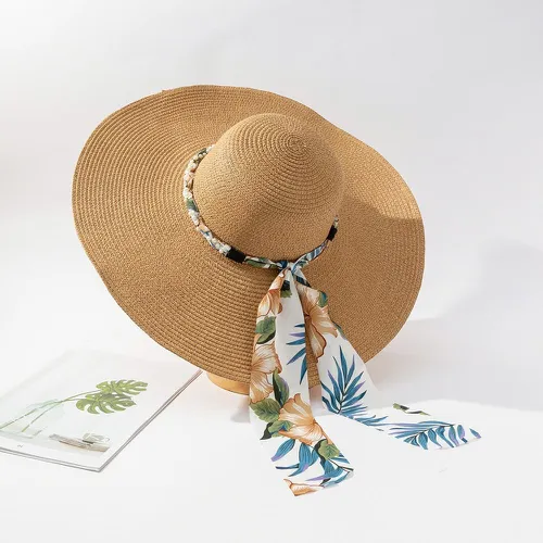 Chapeau de paille à imprimé floral à détail foulard - SHEIN - Modalova