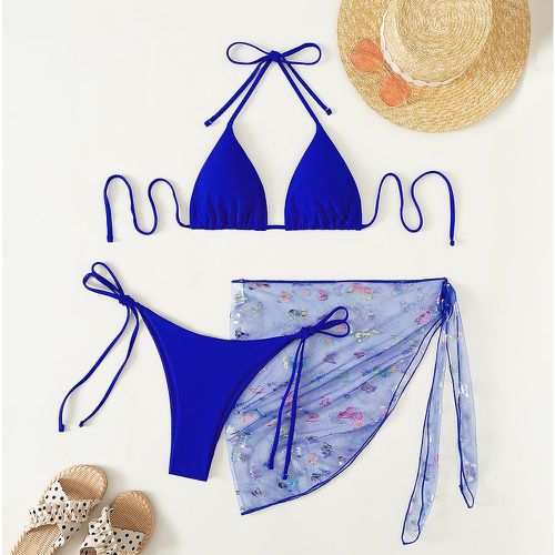 Bikini fluo à broderie ras-du-cou triangulaire à nœud & jupe de plage - SHEIN - Modalova