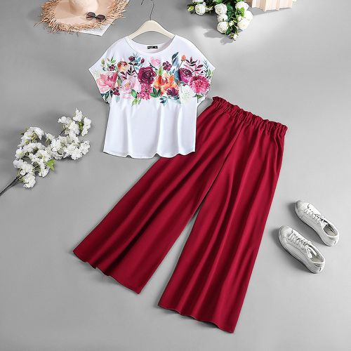T-shirt à imprimé floral manches chauve-souris & Pantalon ample à taille froncée - SHEIN - Modalova