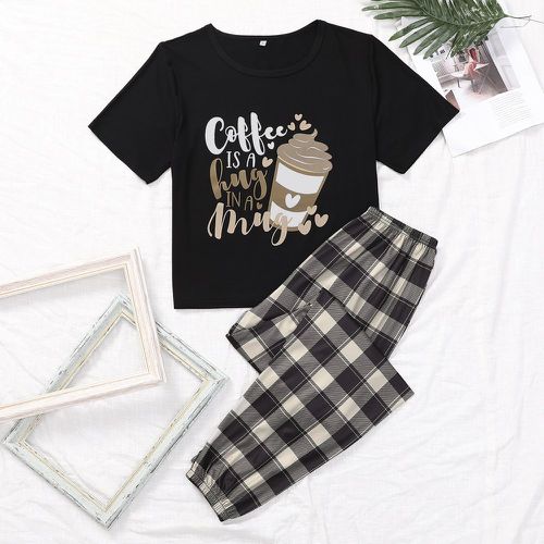 Café & à motif slogan T-shirt & à carreaux Pantalon Ensemble de pyjama - SHEIN - Modalova