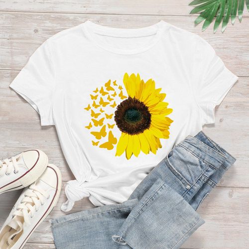 T-shirt à imprimé tournesol et papillon - SHEIN - Modalova