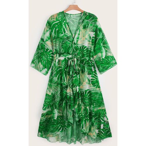Kimono à imprimé tropical à volants ceinturé - SHEIN - Modalova