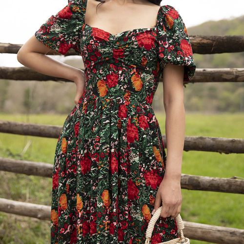 Robe trapèze avec encolure en cœur à imprimé floral à ruché - SHEIN - Modalova