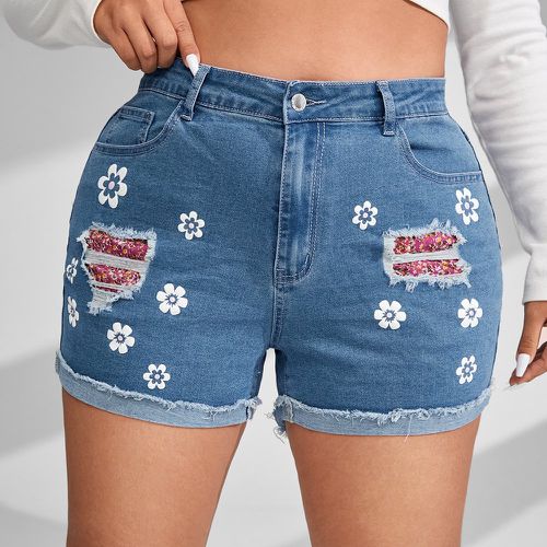 Short en jean déchiré effiloché à imprimé floral - SHEIN - Modalova