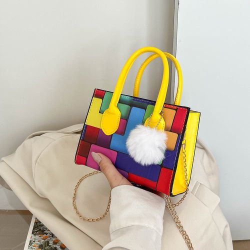 Sac carré mini à blocs de couleurs à double poignée avec breloque de sac à pompons - SHEIN - Modalova