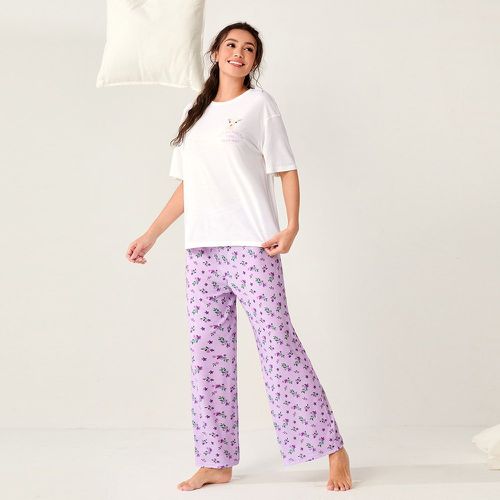 Ensemble de pyjama pantalon fleuri et t-shirt à motif mouton et lettres - SHEIN - Modalova