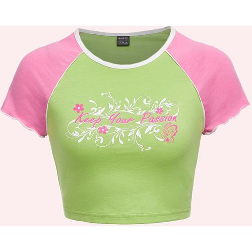 T-shirt court à imprimé floral et slogan à blocs de couleurs à manches raglan - SHEIN - Modalova