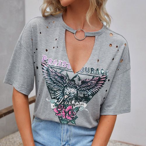 T-shirt à imprimé aigle et floral à anneau O - SHEIN - Modalova