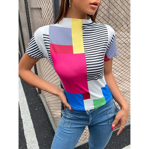 T-shirt à rayures à blocs de couleurs à col montant - SHEIN - Modalova