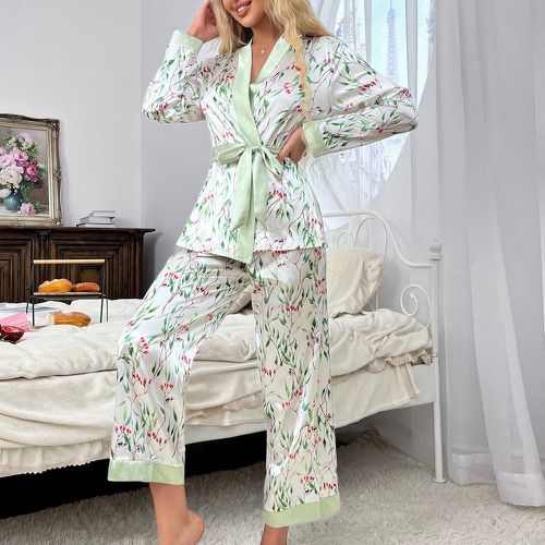 Ensemble de pyjama à imprimé floral à bordure contrastante ceinturé - SHEIN - Modalova