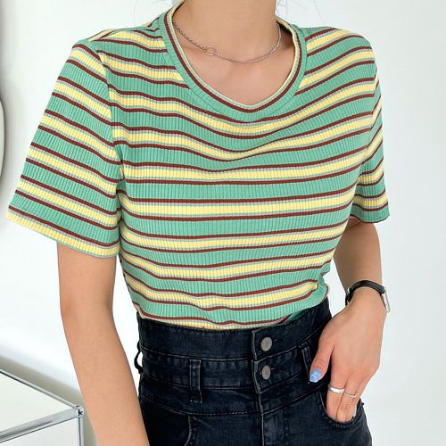 T-shirt à rayures versicolores côtelé - SHEIN - Modalova