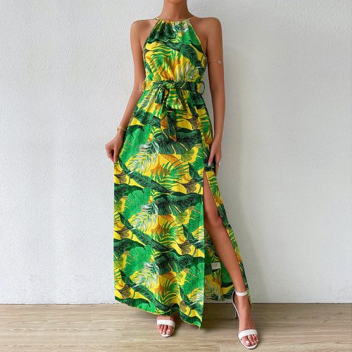 Robe longue à imprimé tropical ceinturé fendu - SHEIN - Modalova