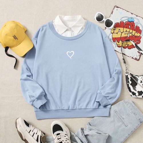 Sweat-shirt à blocs de couleurs à imprimé cœur à col contrastant - SHEIN - Modalova