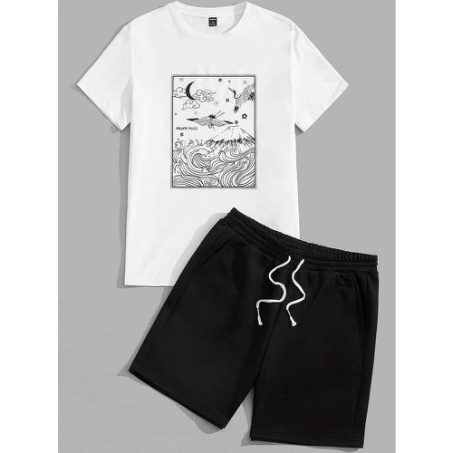 Ensemble T-shirt à imprimé grue et lettre & Short de sport - SHEIN - Modalova