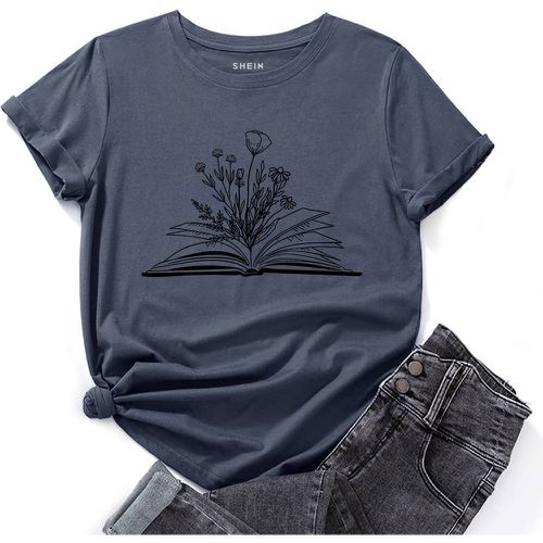 T-shirt à imprimé floral et livre - SHEIN - Modalova