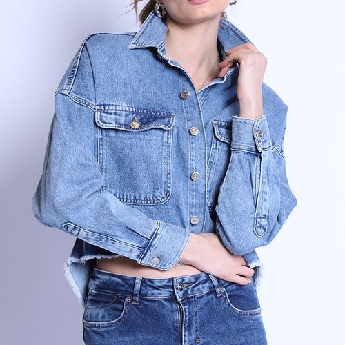 Veste en jean avec poches à ourlet effiloché - SHEIN - Modalova