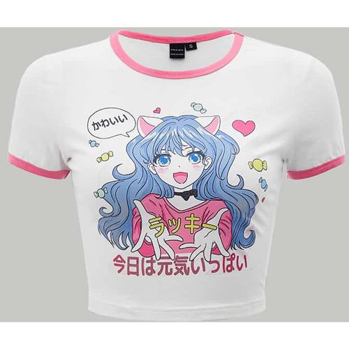 T-shirt à liséré contrastant japonaise et figure - SHEIN - Modalova