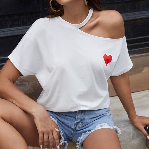 T-shirt à imprimé cœur à col asymétrique - SHEIN - Modalova