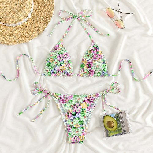 Bikini triangulaire ras-du-cou floral aléatoire à imprimé froncé à nœud - SHEIN - Modalova
