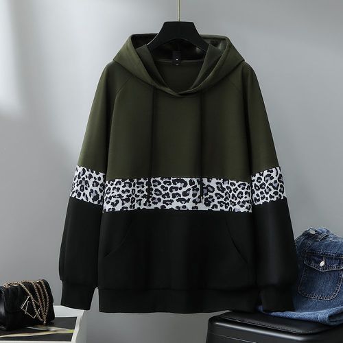 Sweat-shirt à capuche avec motif léopard à blocs de couleurs à cordon - SHEIN - Modalova