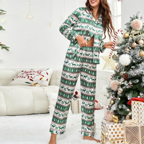 Ensemble de pyjama à imprimé arbre et renne de Noël en satin - SHEIN - Modalova