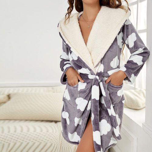 Robe de nuit à motif de nuage à capuche à doublure en tissu duveteux ceinturé - SHEIN - Modalova